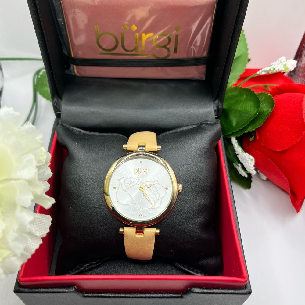 Women's Burgi Flower Engraved Diamond Dial Genuine Leather Strap Watch with box - Picture 5 of 16